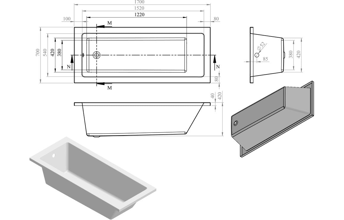 gardenia-square-single-end-1700x700x550mm-0th-bath-w-legs 2