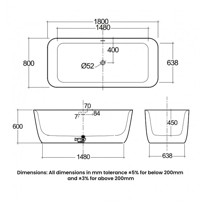 RAK Contour Freestanding Square Bath 1800mm x 800mm - Alpine White