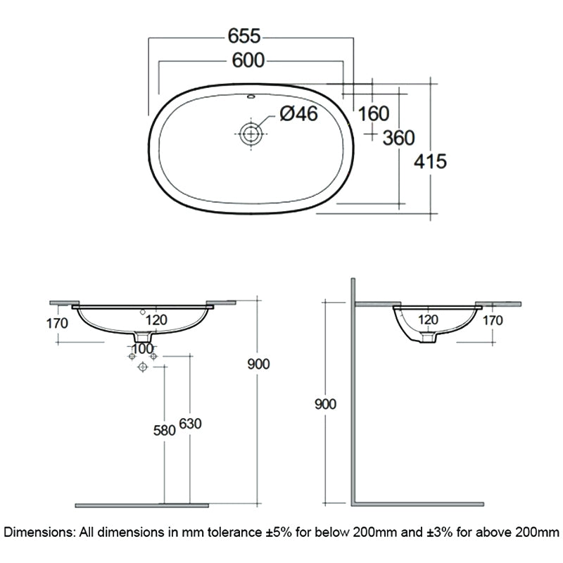 RAK Variant Oval Undermount Countertop Basin 600mm Wide - Tap Hole