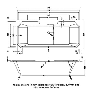 RAK Washington Double Ended Bath with Leg Set 1800mm x 800mm - Acrylic