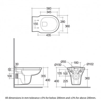 RAK Washington Wall Hung Toilet - Grey Soft Close Wood Seat